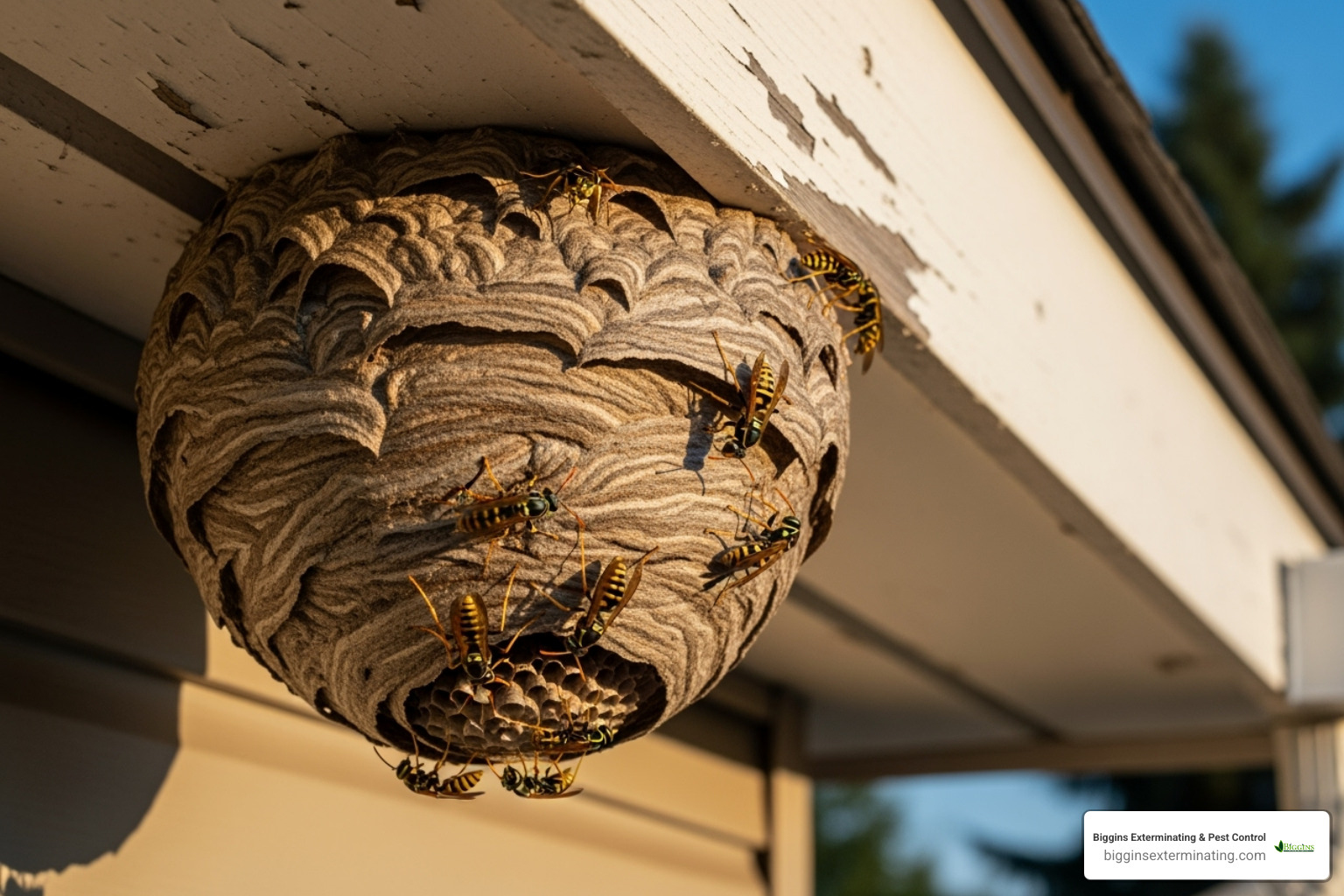 A large wasp nest attached to the eaves of a house - 24 hour pest control services