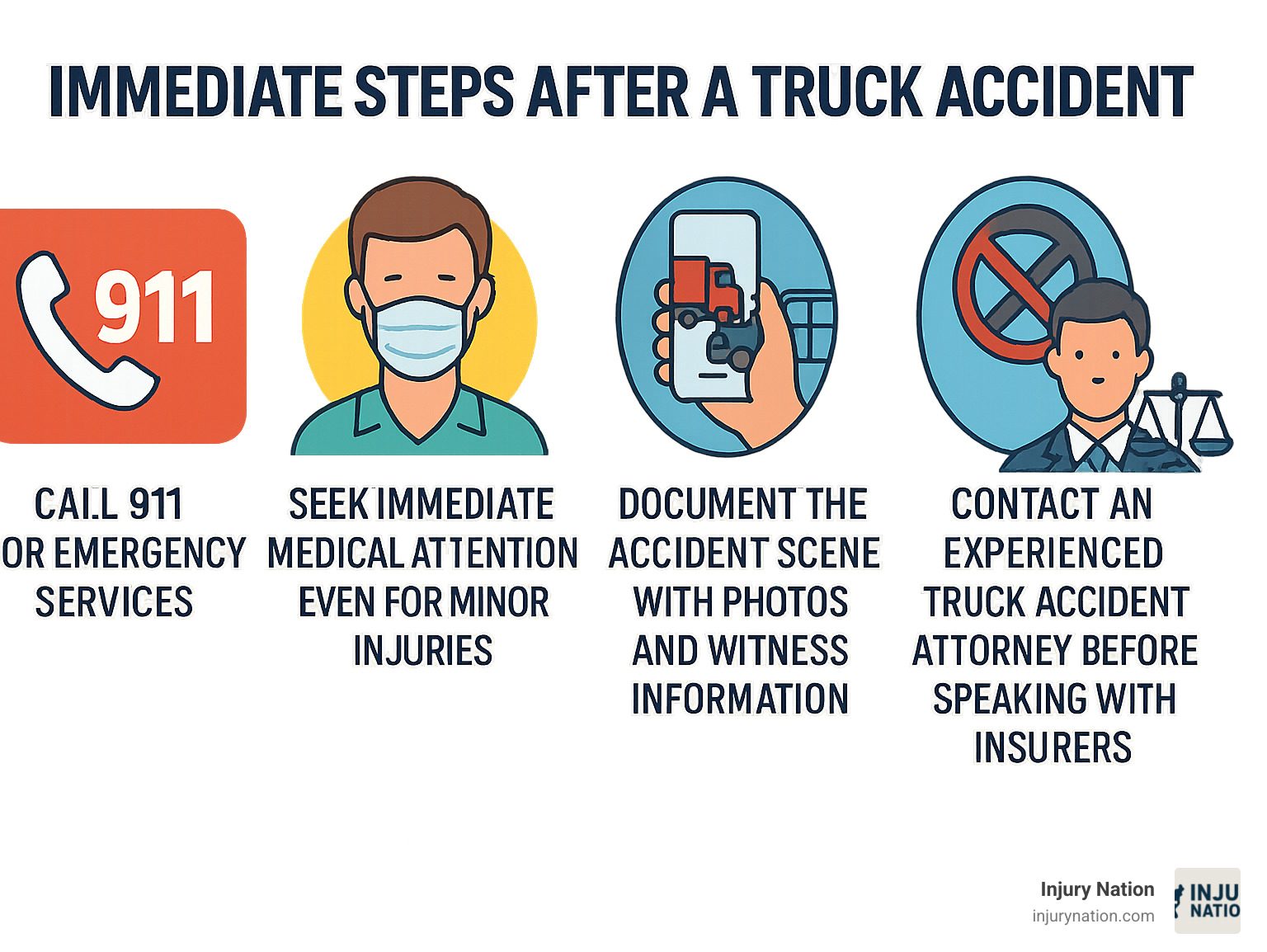Immediate steps after a truck accident: Call 911 for emergency services, seek immediate medical attention even for minor injuries, document the accident scene with photos and witness information, never admit fault or give recorded statements to insurance companies, contact an experienced truck accident attorney before speaking with insurers - auto and truck accident attorney infographic 