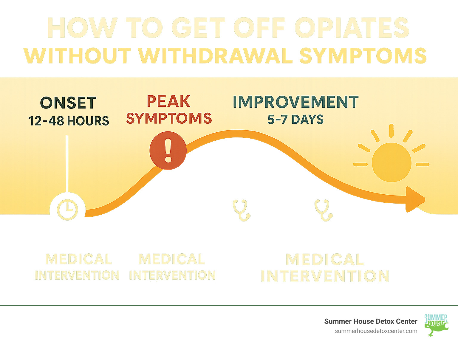 Infographic showing opioid withdrawal timeline: 12-48 hours onset, peak symptoms at 24-96 hours, improvement by 5-7 days, with medical interventions available at each stage - how to get off opiates without withdrawal symptoms infographic 