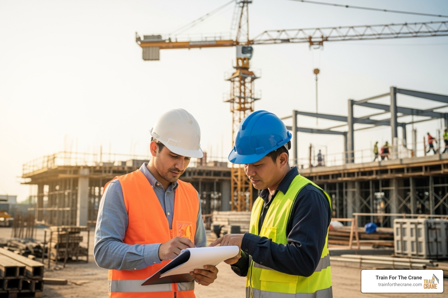 Image of an inspector reviewing an operator's certification documents on a job site - boom truck certification requirements by state