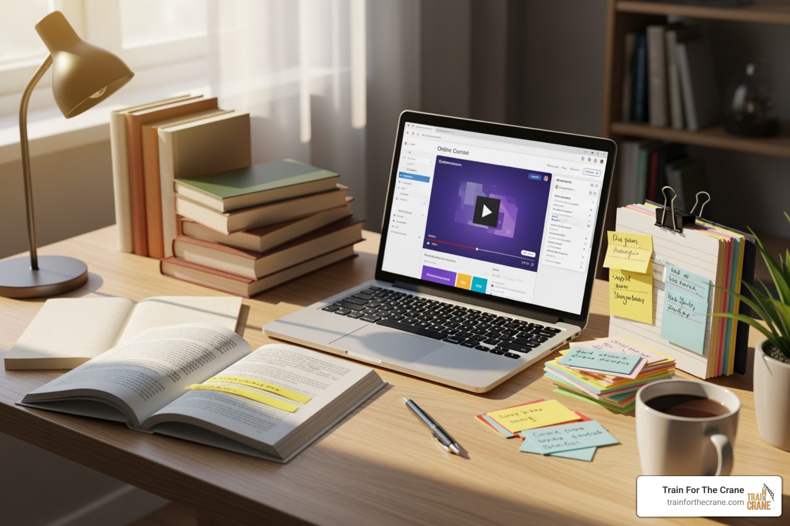 collection of study materials: books, laptop with online course, and flashcards - Certification exam preparation