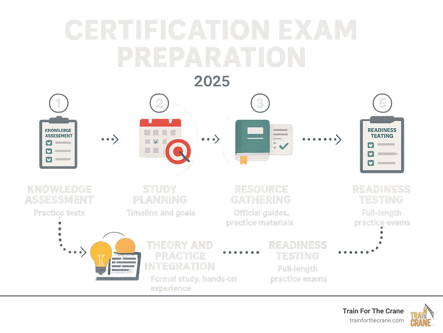 Infographic showing the 5-step certification preparation process: 1) Knowledge Assessment with practice tests, 2) Study Planning with timeline and goals, 3) Resource Gathering including official guides and practice materials, 4) Theory and Practice Integration combining formal study with hands-on experience, 5) Readiness Testing with full-length practice exams before scheduling - Certification exam preparation infographic 
