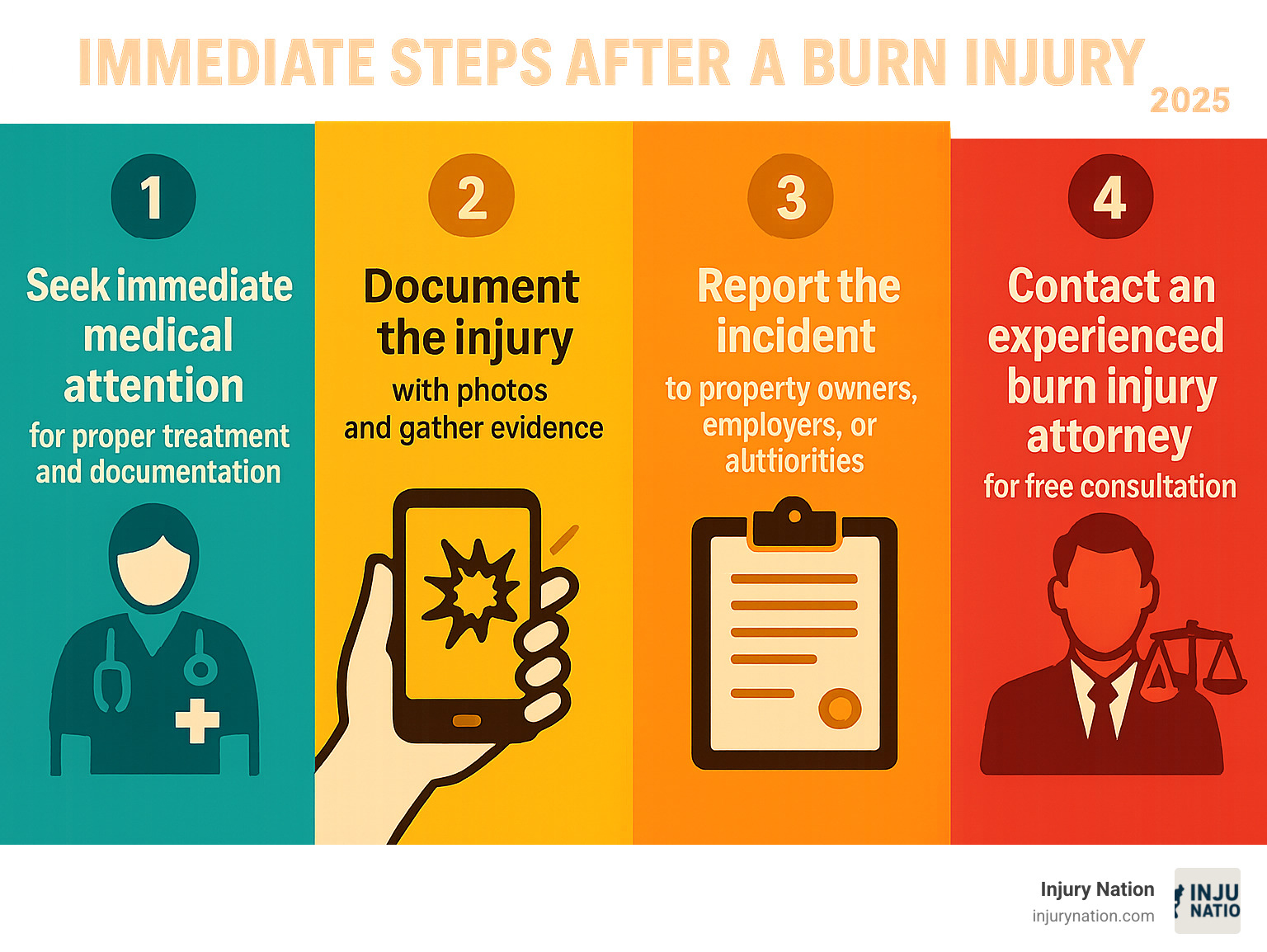 Infographic showing 4 immediate steps after a burn injury: Step 1 - Seek immediate medical attention for proper treatment and documentation, Step 2 - Document the injury scene with photos and gather evidence, Step 3 - Report the incident to property owners, employers, or authorities, Step 4 - Contact an experienced burn injury attorney for free consultation - burn injury lawsuit infographic 