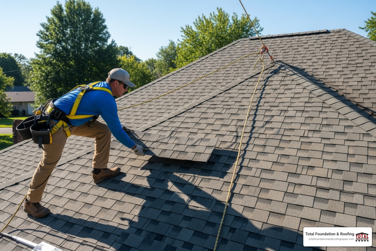 roofer in safety harness sliding new shingle into place - repairing roof shingles