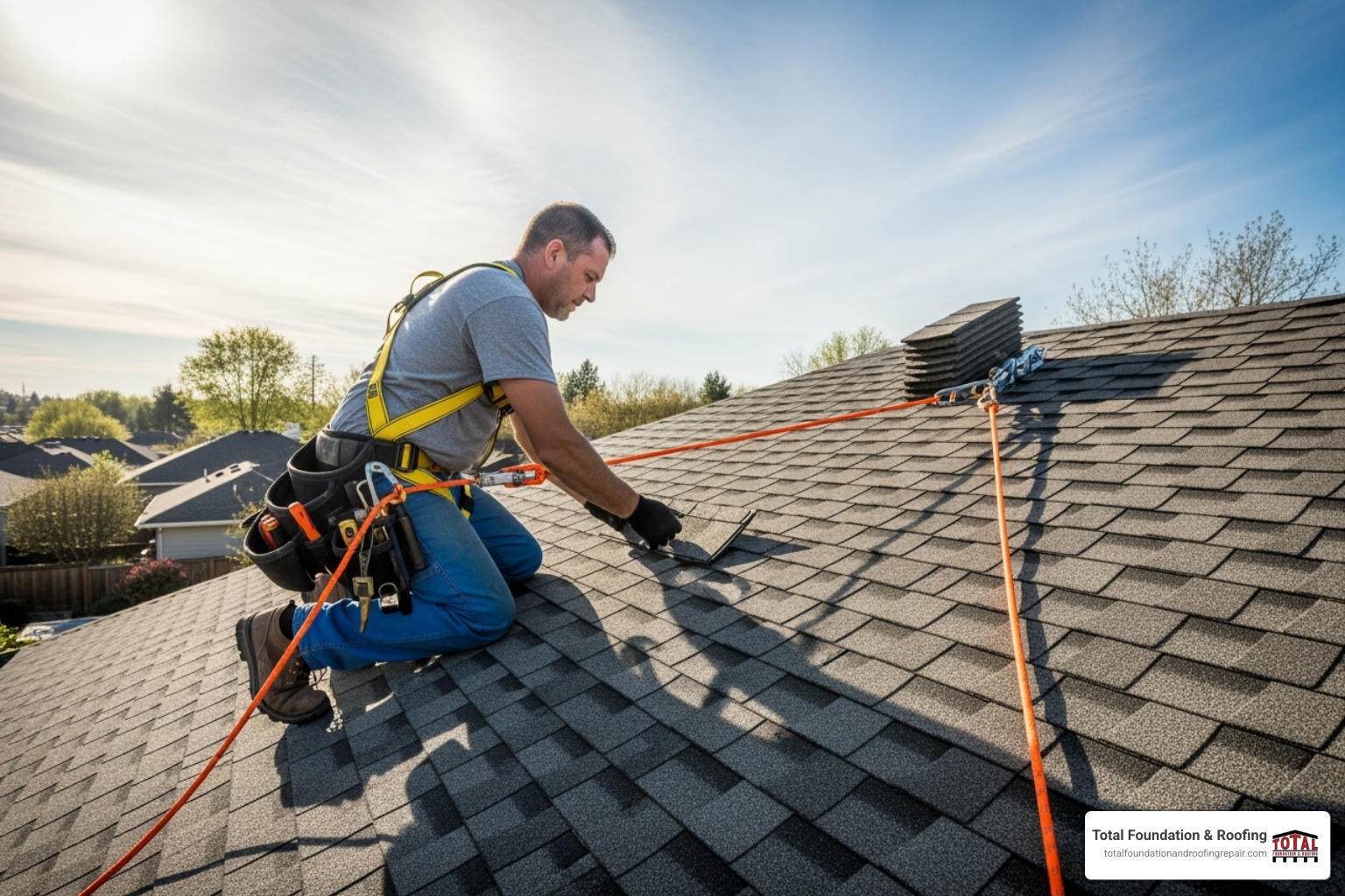 roofer in safety harness on roof - repairing roof shingles