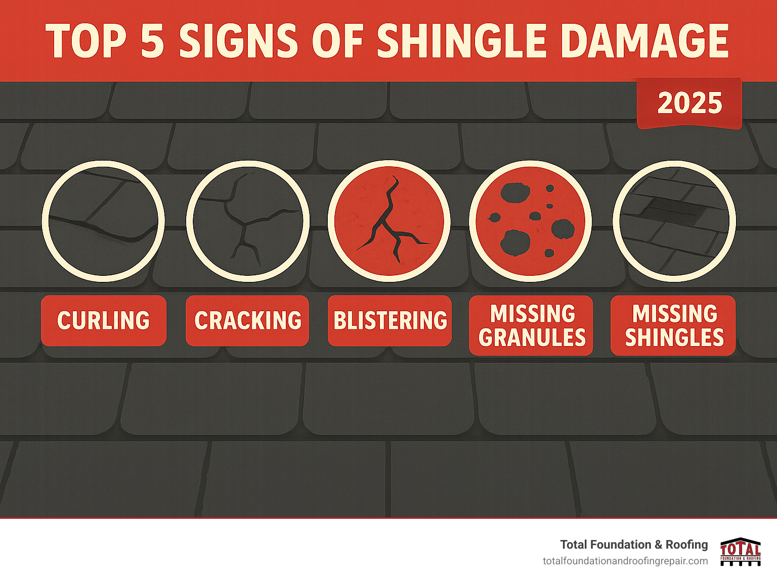 infographic showing top 5 signs of shingle damage including curling, cracking, blistering, missing granules, and missing shingles - repairing roof shingles infographic 