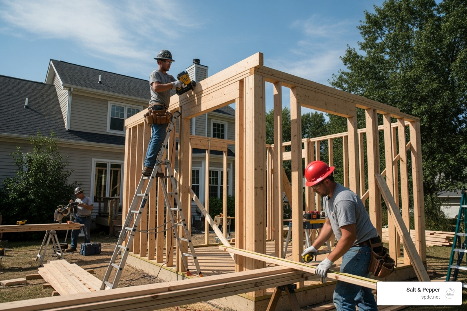 Construction workers framing a new room addition - how much does a 15 x 20 room addition cost