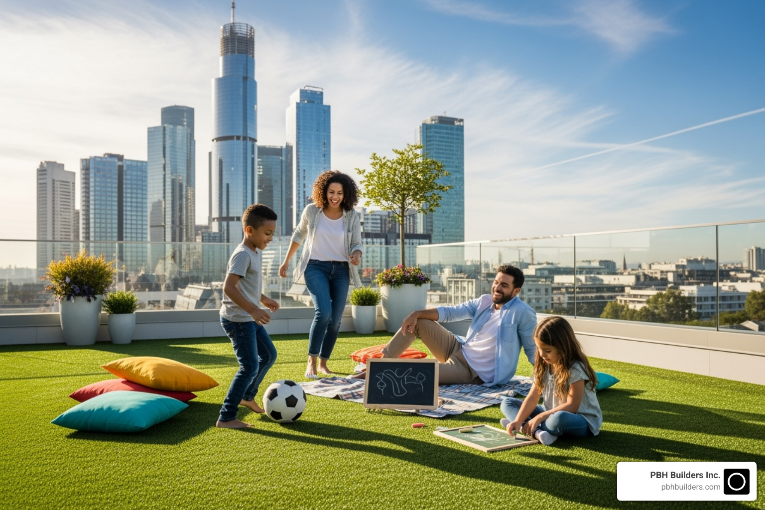 family enjoying rooftop lawn - artificial grass on rooftop