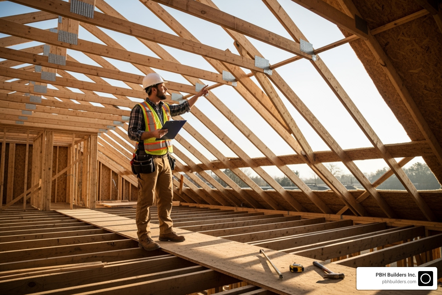 professional inspecting roof structure - artificial grass on rooftop