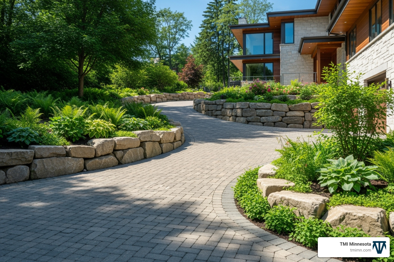 Image of a sweeping curved driveway with integrated stone retaining walls and planting beds - landscaping and driveways