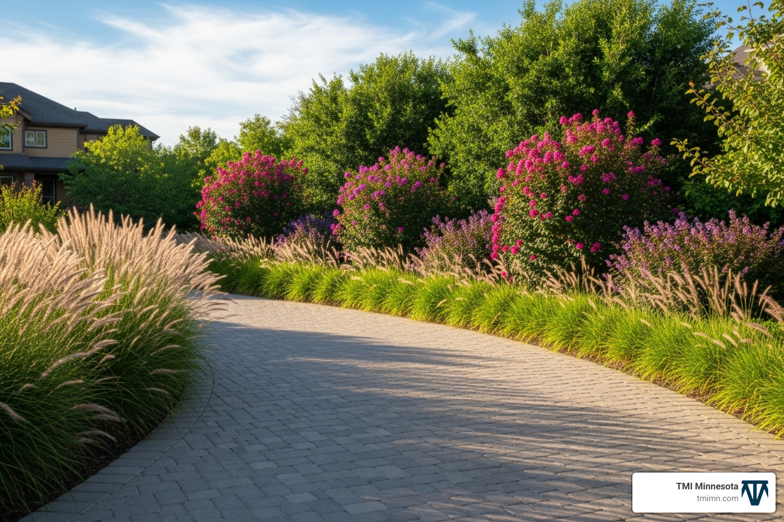 Image of a driveway bordered by lush, layered plantings including ornamental grasses and flowering shrubs - landscaping and driveways
