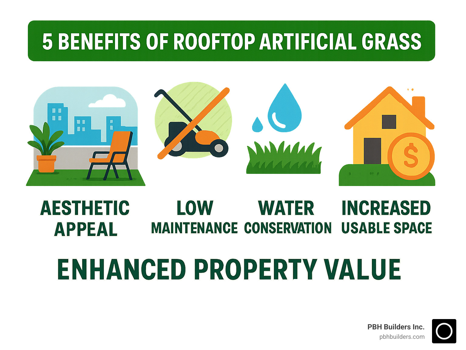 Infographic detailing the top 5 benefits of rooftop artificial grass, including aesthetic appeal, low maintenance, water conservation, increased usable space, and improved property value. - artificial grass on rooftop infographic 