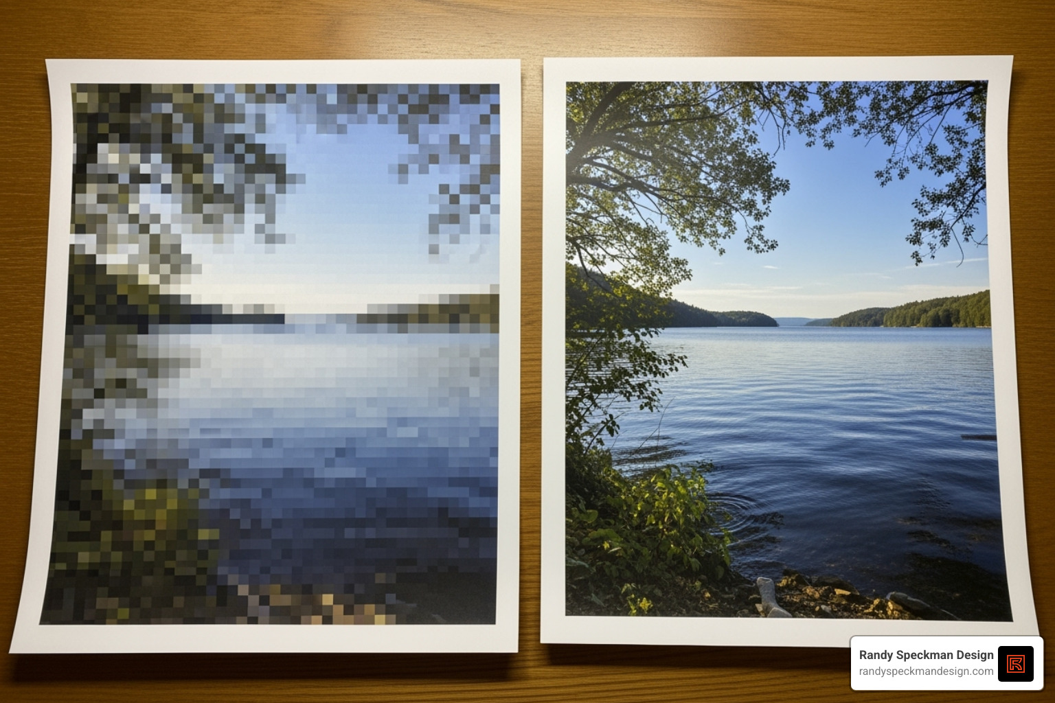 comparison of a blurry 72 DPI image printed vs. a crisp 300 DPI image printed - easily design printed materials