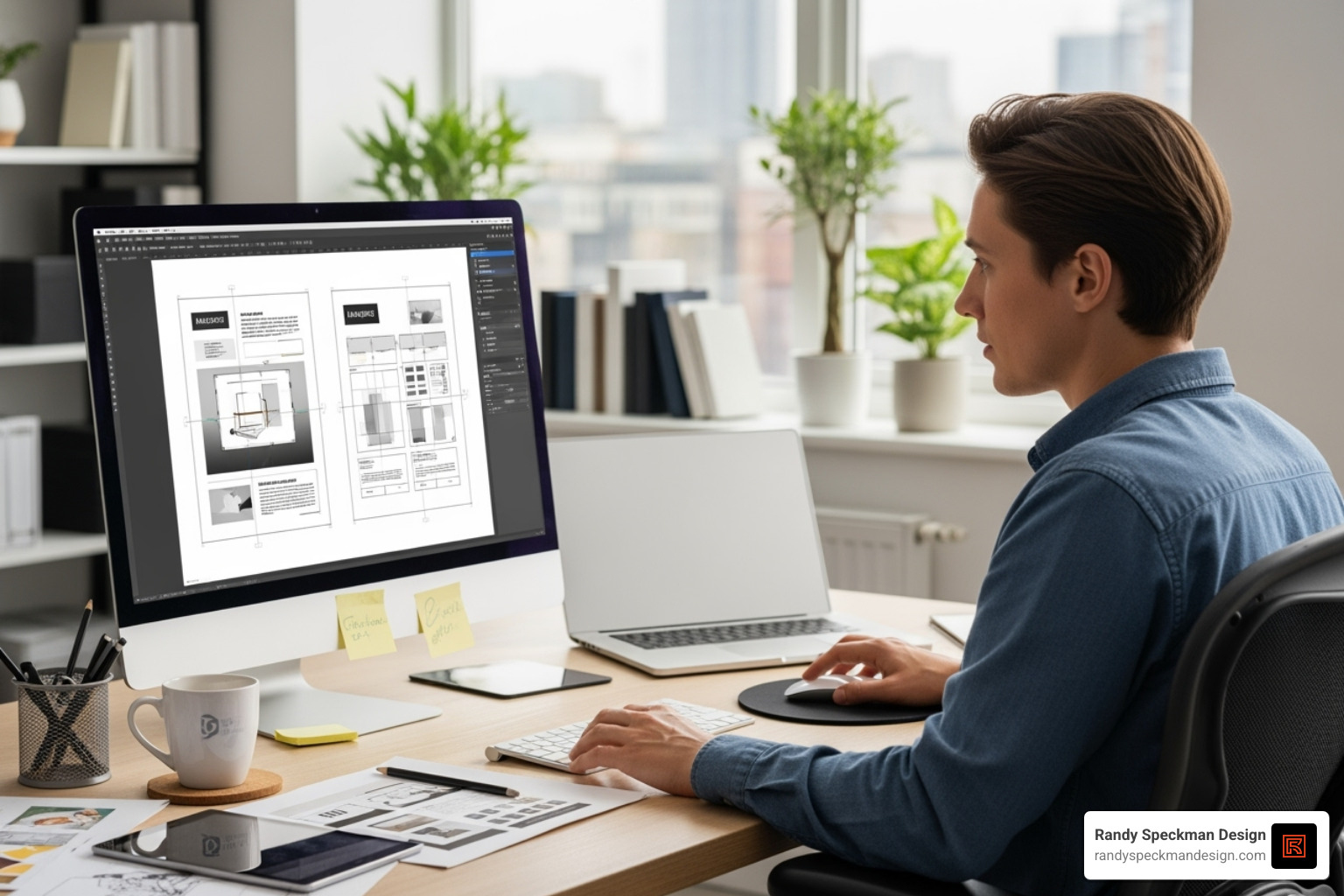 designer working on a print layout on a computer, showing a grid system - easily design printed materials
