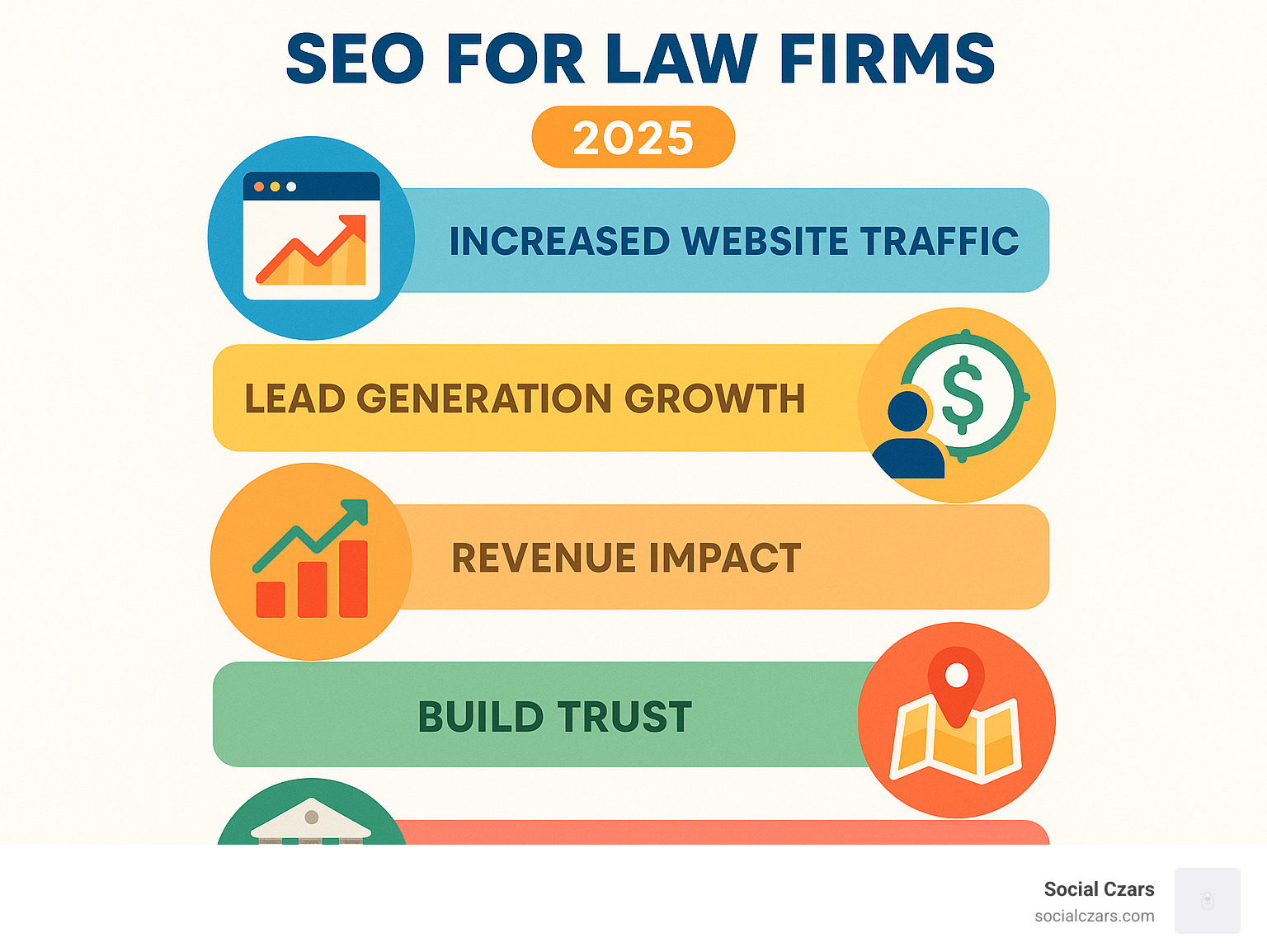 Comprehensive infographic showing the core benefits of SEO for law firms like increased website traffic, lead generation growth, revenue impact, trust building, and local market dominance - seo for law firms infographic 