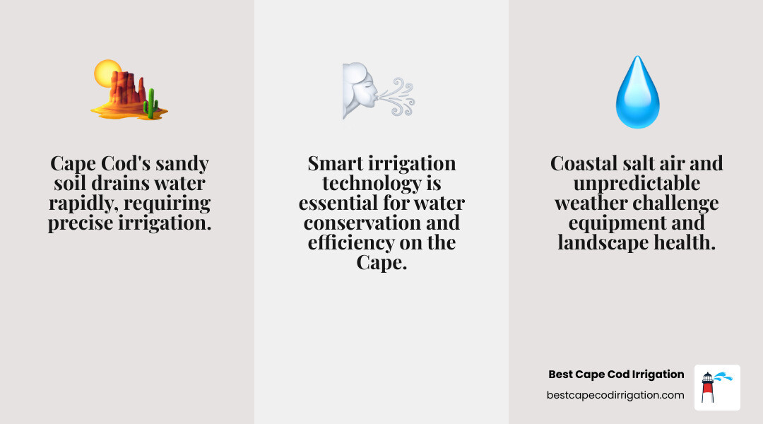 Cape Cod irrigation services comparison showing installation costs, water savings percentages, and seasonal maintenance schedules for different company offerings - irrigation companies cape cod infographic 3_facts_emoji_grey