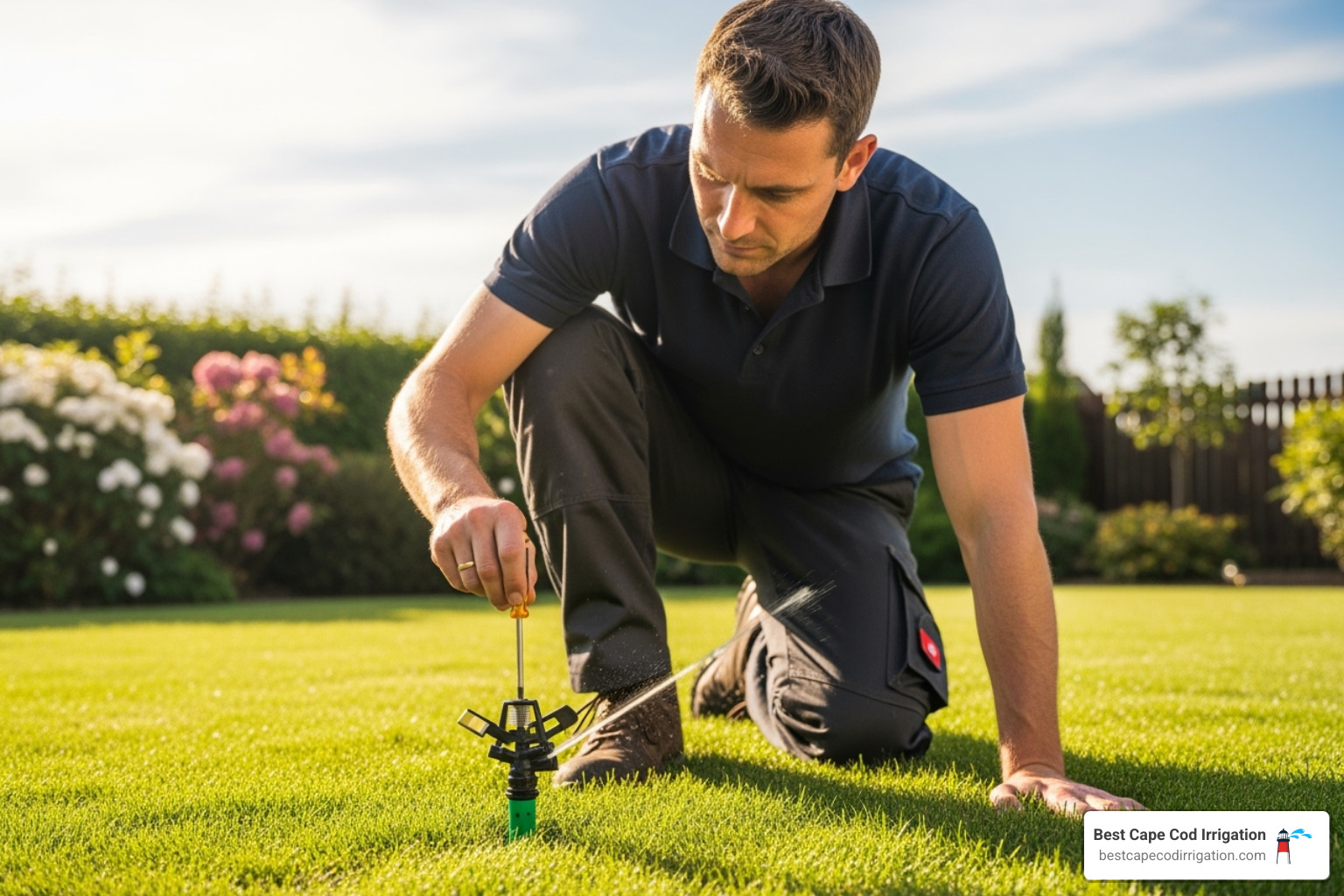 A technician adjusting a sprinkler head on a sunny day - irrigation companies cape cod