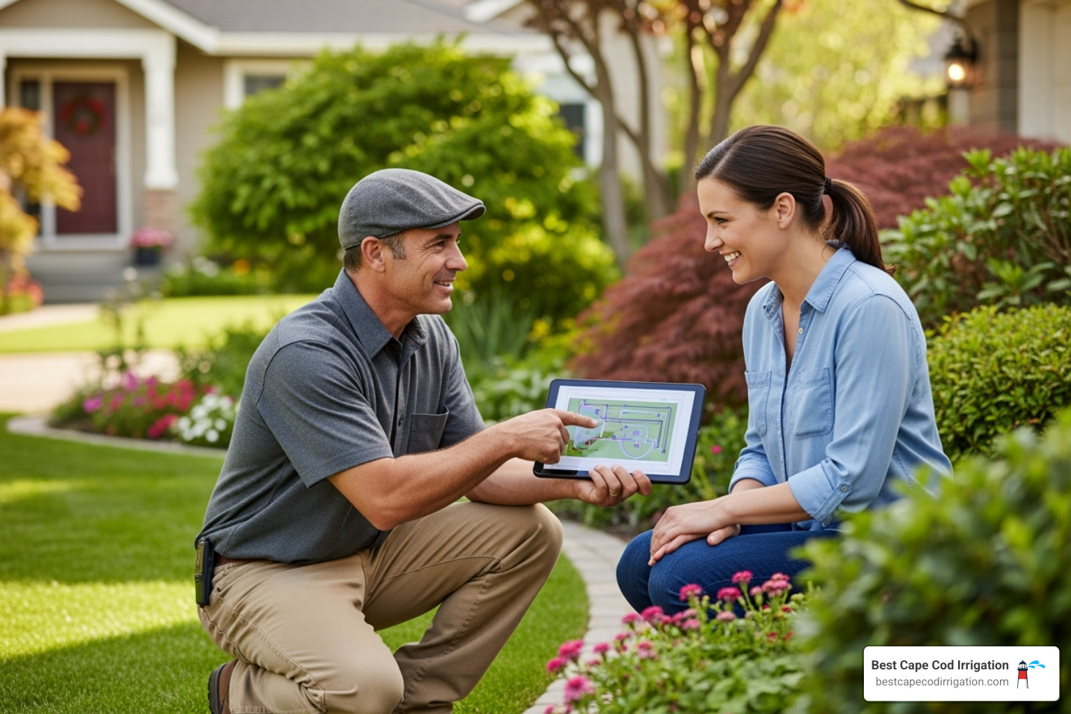 A friendly irrigation professional discussing a system layout with a homeowner - irrigation companies cape cod