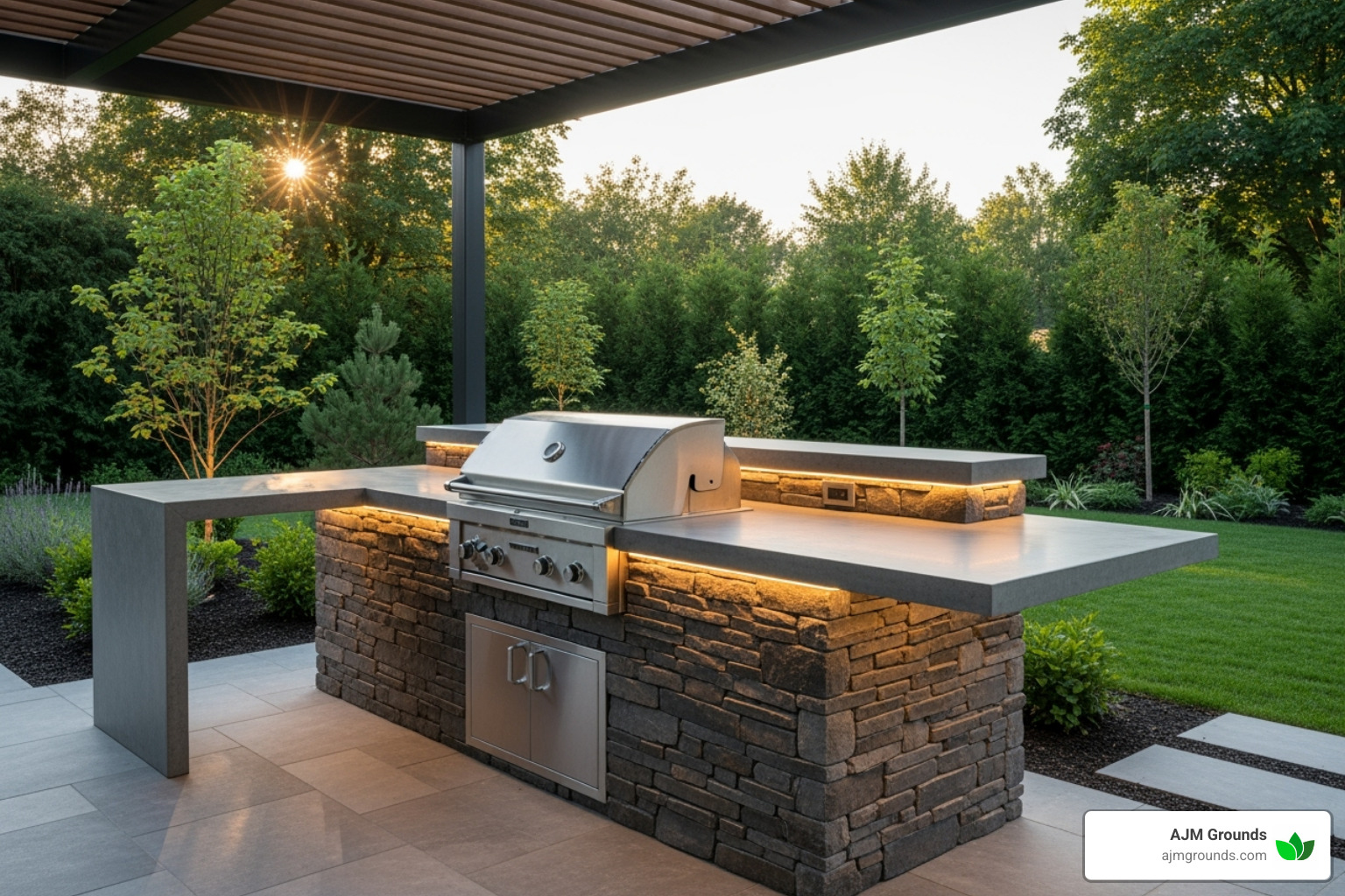 A modern outdoor kitchen built with natural stone and a sleek concrete countertop, featuring integrated lighting and a built-in grill. - hardscaping near me