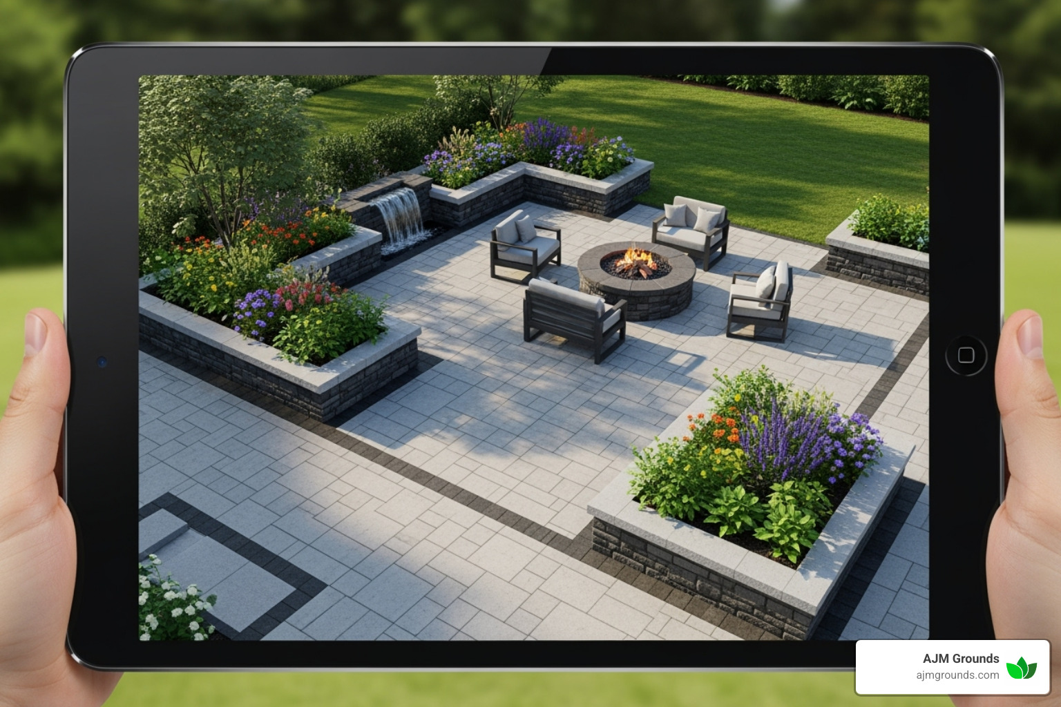 A 3D hardscape design rendering on a tablet, showing a future backyard layout with a patio, fire pit, and integrated garden beds. - hardscaping near me