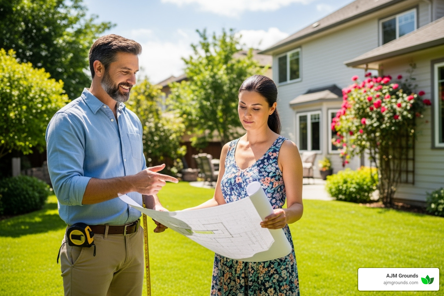A friendly contractor discussing plans with a homeowner in their yard, pointing at a design on a blueprint. - hardscaping near me