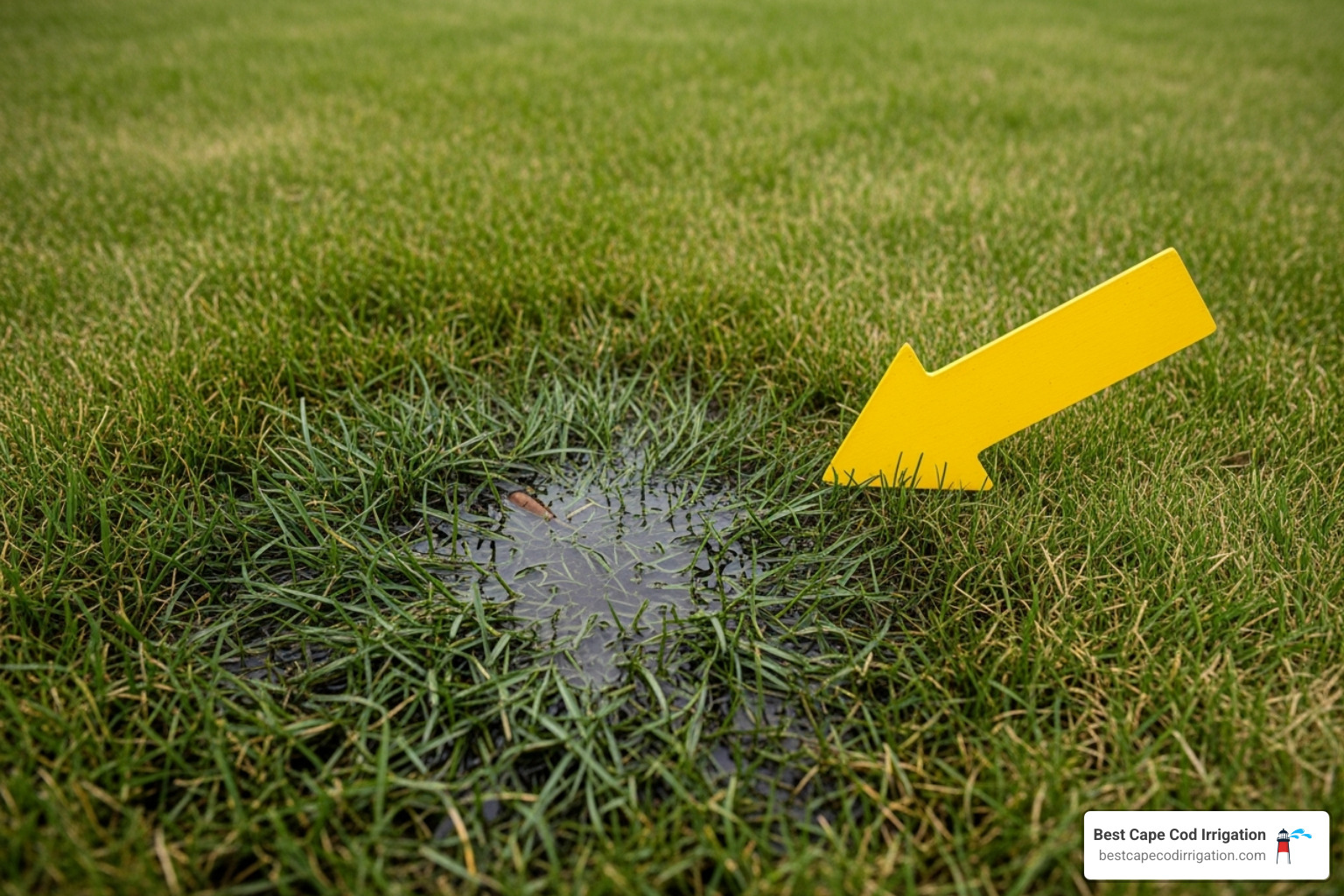 soggy patch of grass with an arrow pointing to it - repair broken irrigation pipe soggy patch of grass with an arrow pointing to it - repair broken irrigation pipe
