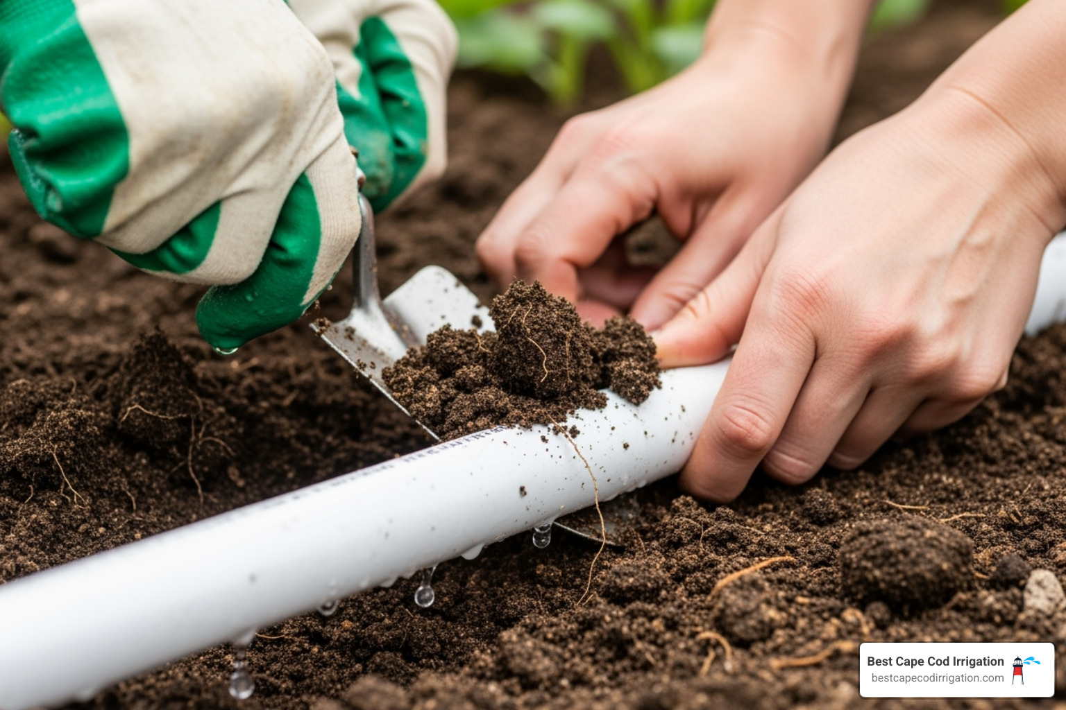 hands carefully digging around an exposed PVC pipe - repair broken irrigation pipe hands carefully digging around an exposed PVC pipe - repair broken irrigation pipe