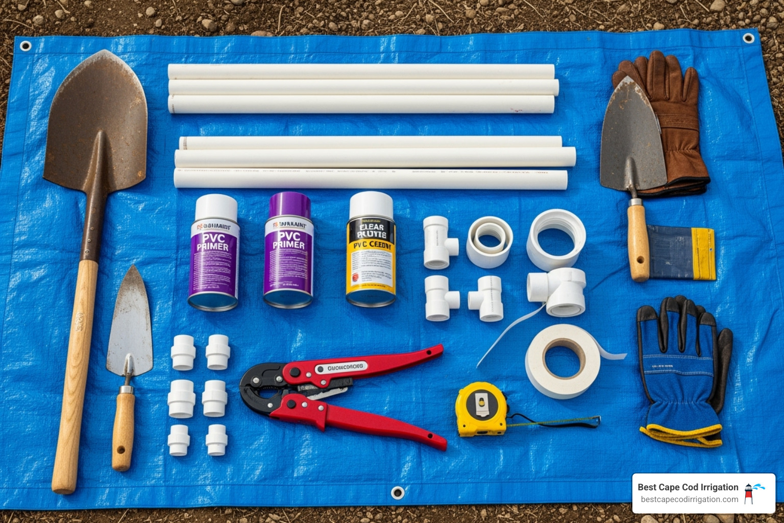 all necessary tools and materials laid out on a tarp - repair broken irrigation pipe all necessary tools and materials laid out on a tarp - repair broken irrigation pipe