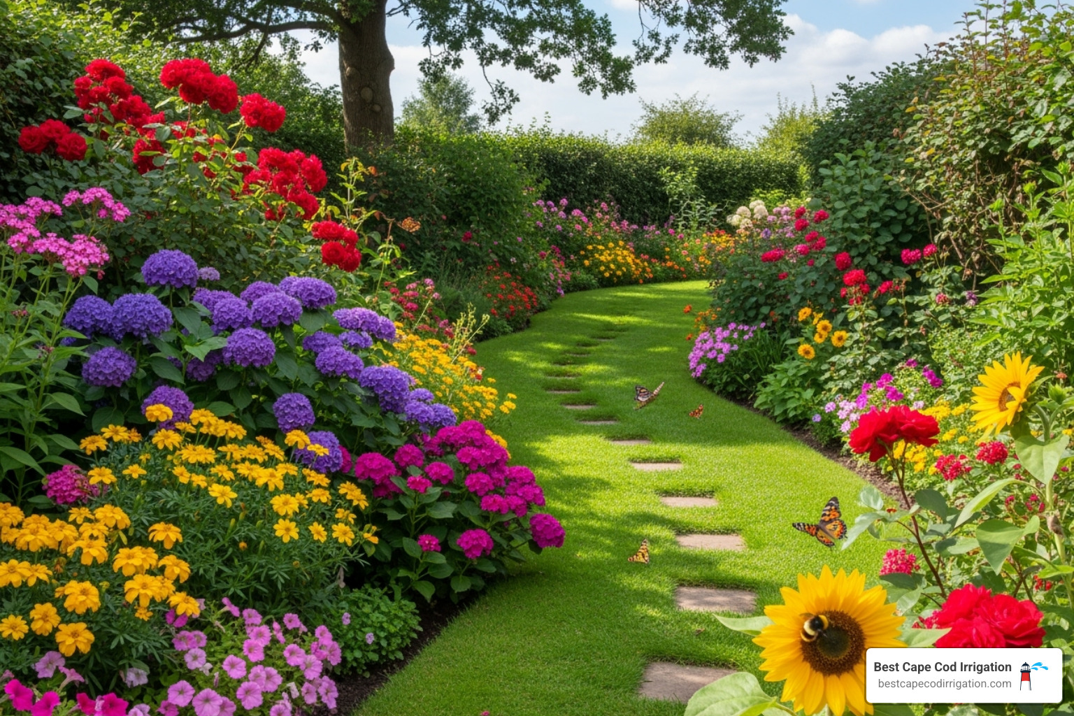 a vibrant garden with healthy plants - irrigation installation near me