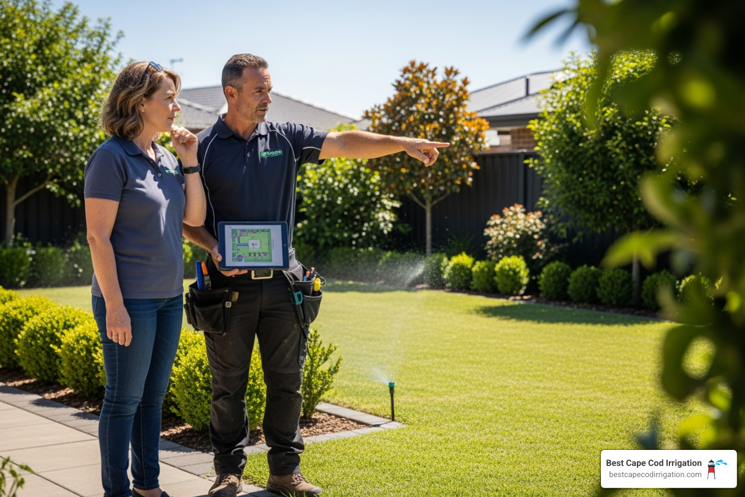 a professional installer consulting with a homeowner - irrigation installation near me