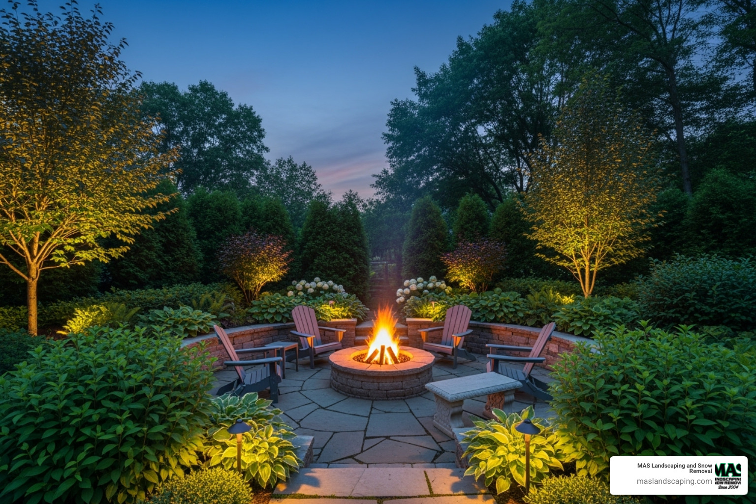 Fire pit area framed by lush, layered plantings - Firepit landscape design Fire pit area framed by lush, layered plantings - Firepit landscape design