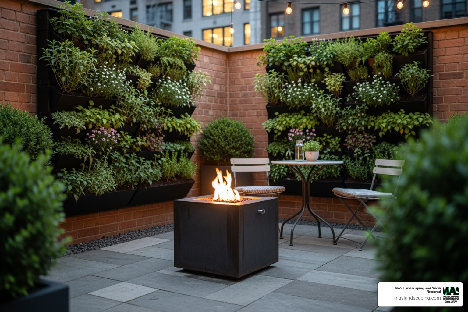 Compact fire bowl on a small urban patio with vertical gardens - Firepit landscape design Compact fire bowl on a small urban patio with vertical gardens - Firepit landscape design