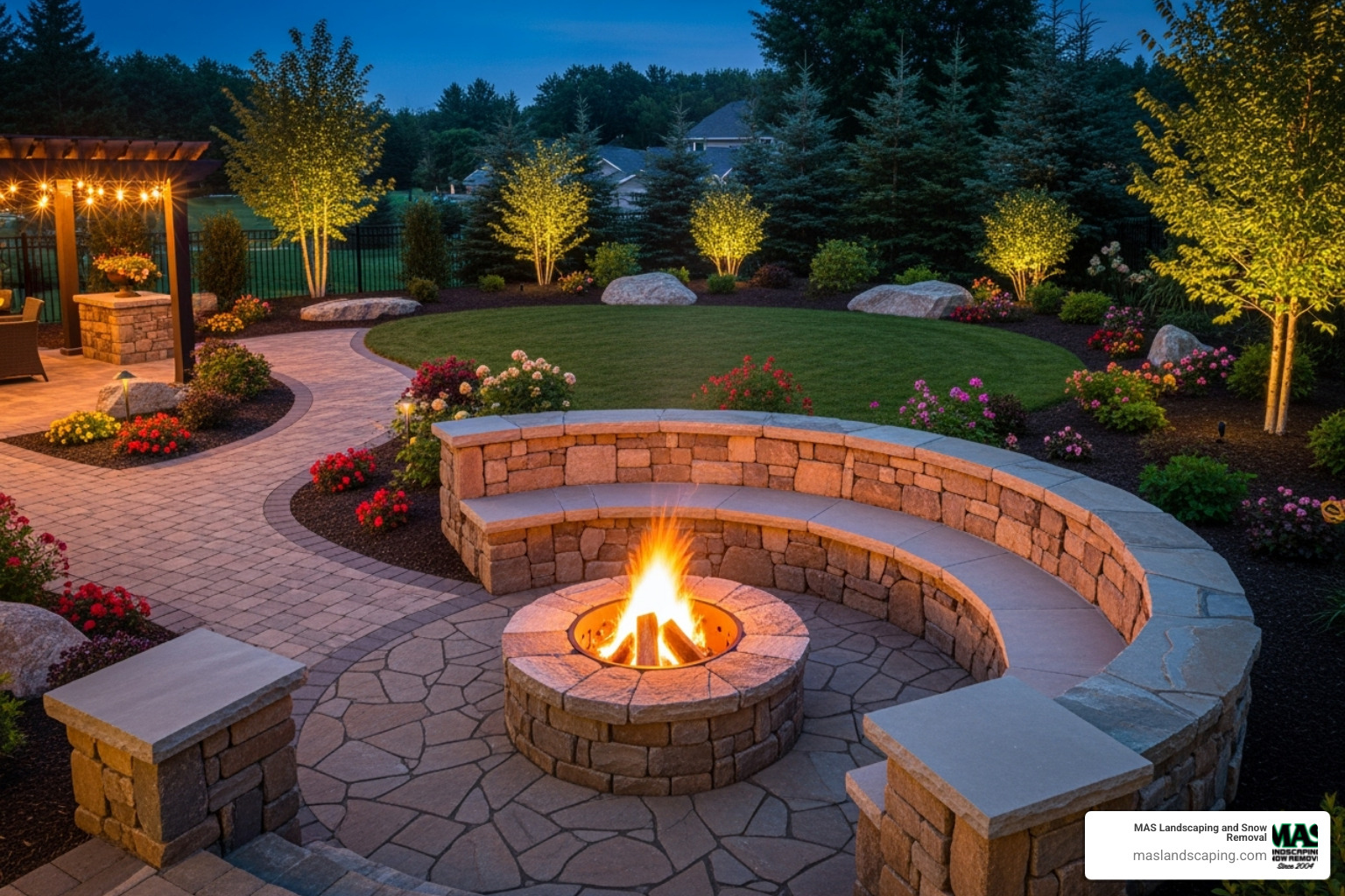 Curved stone seating wall around a fire pit - Firepit landscape design Curved stone seating wall around a fire pit - Firepit landscape design