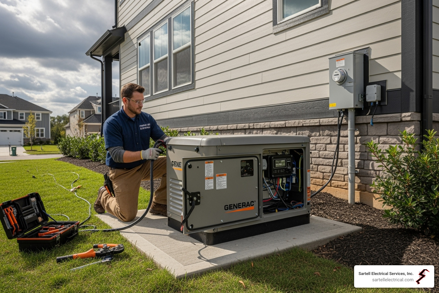 electrician installing home backup generator - medically essential electric service