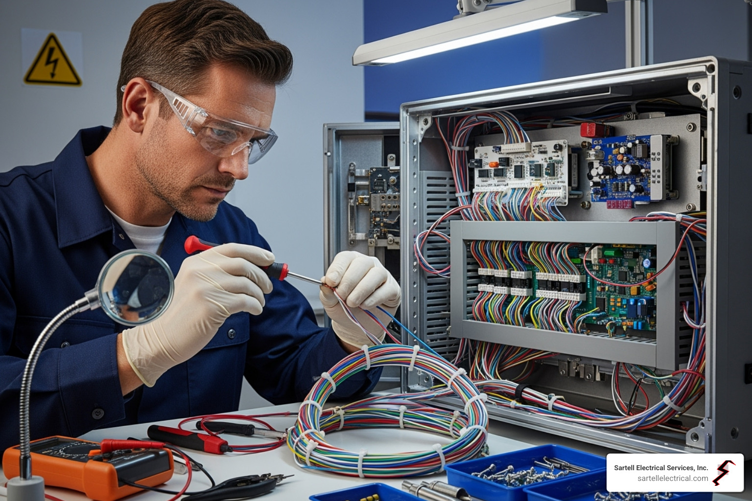 An electrician carefully working on a complex wiring panel for a medical device, highlighting precision and safety - Medical equipment installation