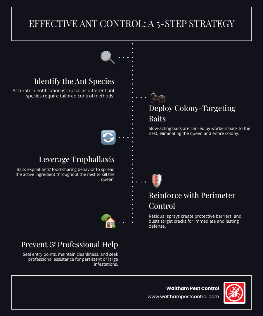 Comprehensive infographic showing ant colony structure with queen, workers, and soldiers, alongside different control methods including baits targeting the colony core, sprays for perimeter defense, and professional inspection tools, with arrows showing how worker ants carry poison back to eliminate the entire nest - best ant control infographic infographic-line-5-steps-dark