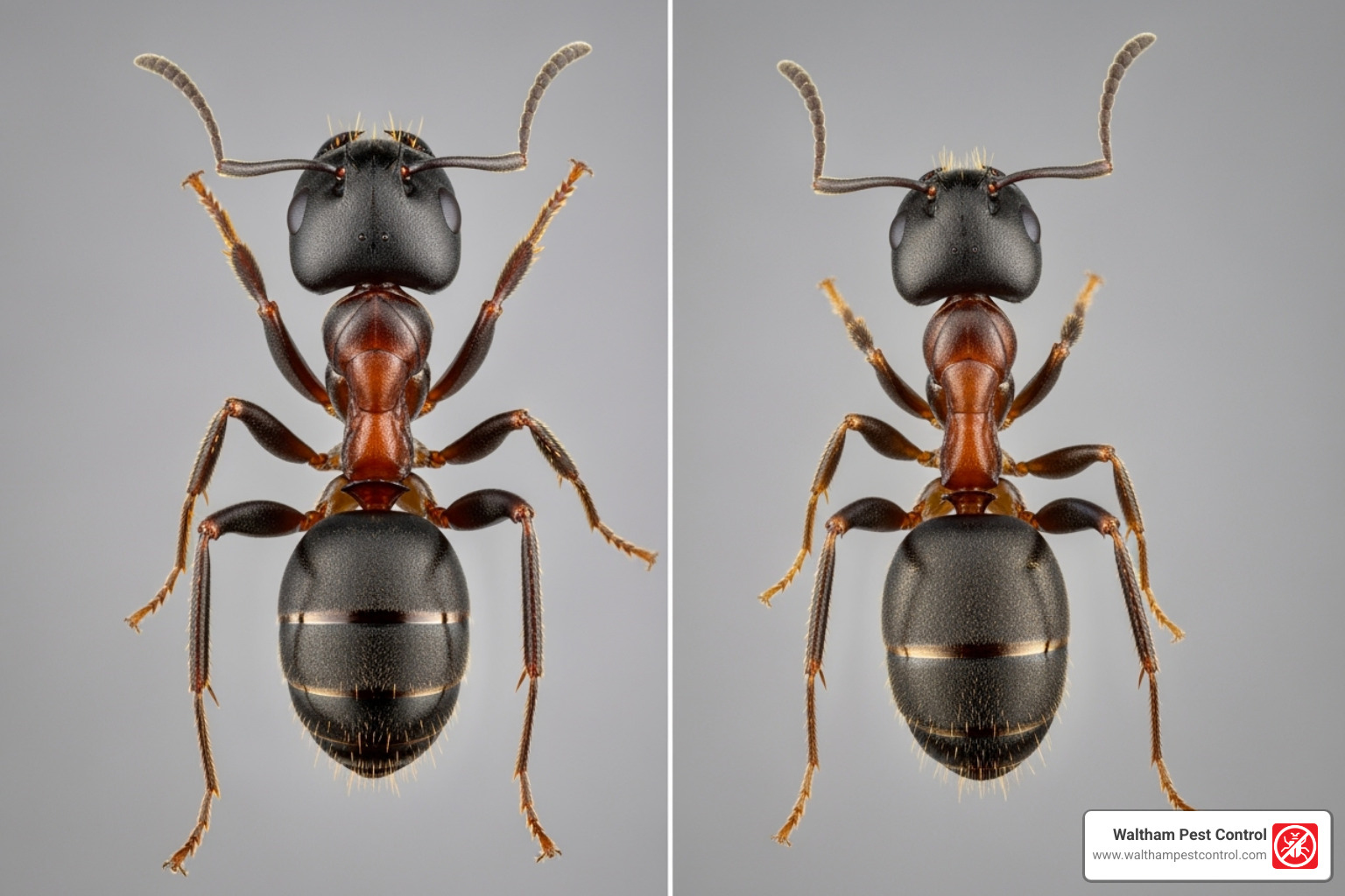 close-up of a Carpenter Ant next to a Pavement Ant for comparison - best ant control