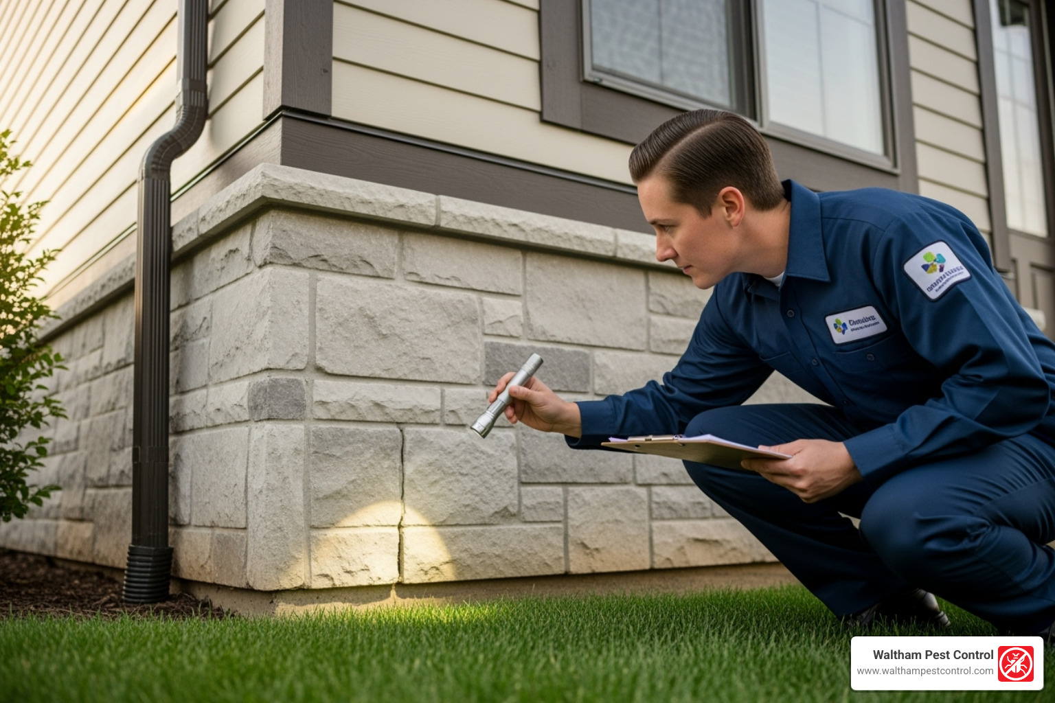professional pest control technician inspecting a home's exterior - best ant control