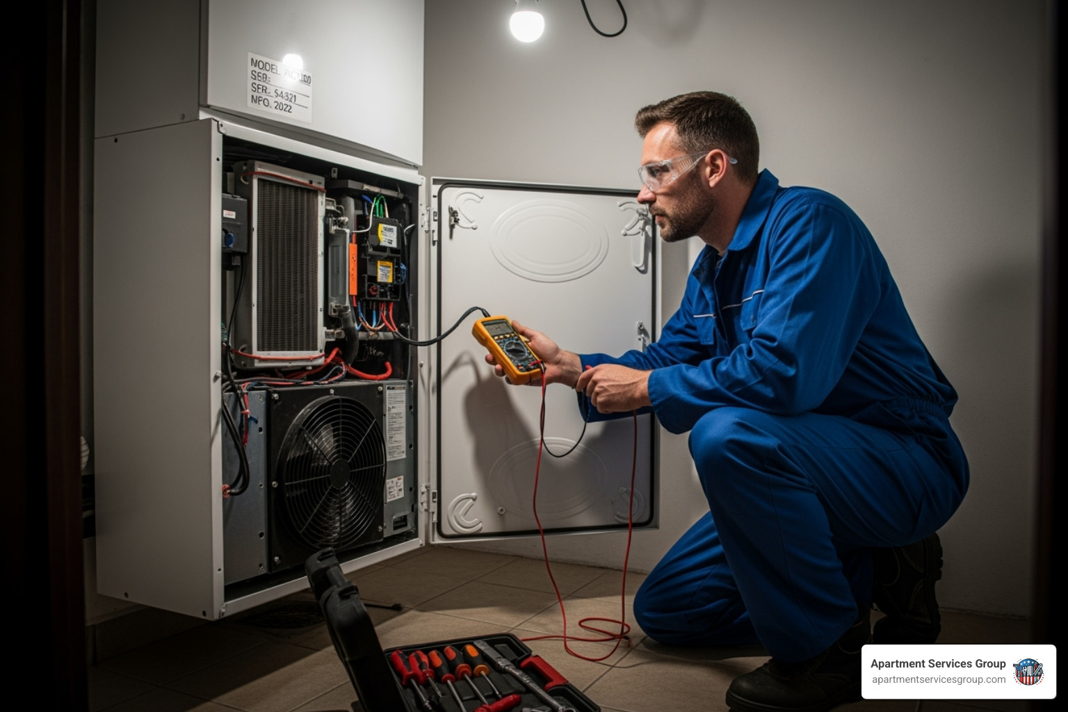 maintenance technician working on an HVAC unit - apartment complex maintenance