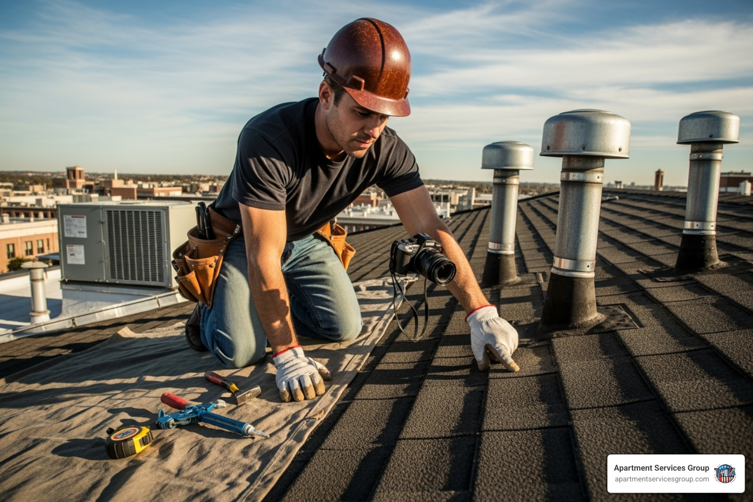 maintenance worker inspecting a roof - apartment complex maintenance