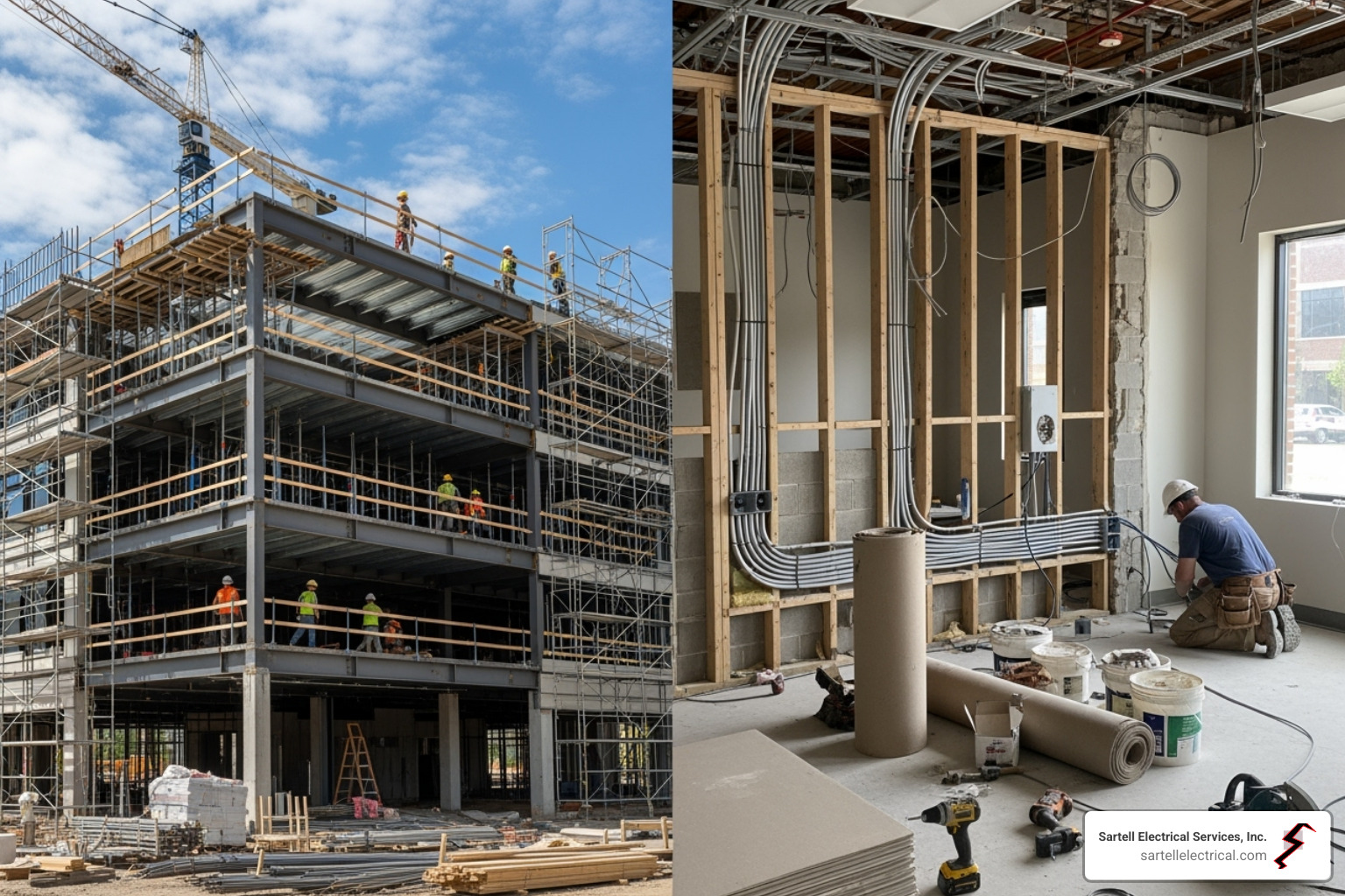 split-screen showing a new construction site and an interior renovation in progress - Medical office construction