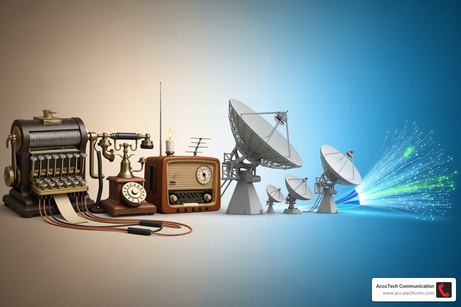 Historical timeline showing the evolution from the telegraph to fiber optics - communication industry