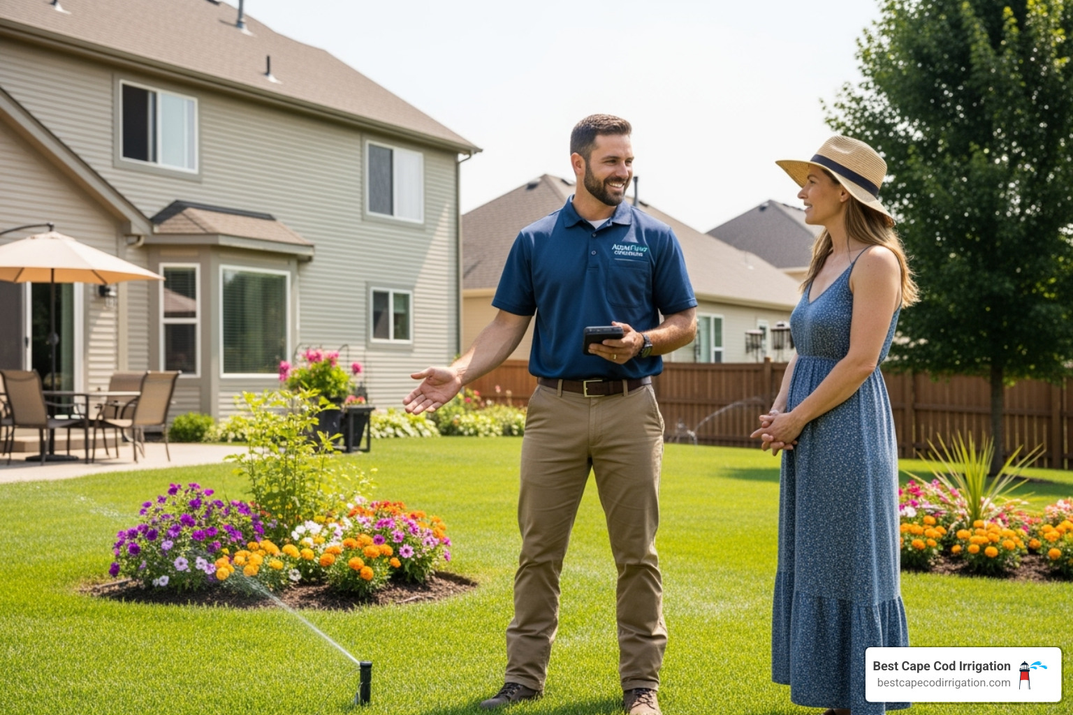 friendly technician talking with a homeowner - irrigation maintenance service friendly technician talking with a homeowner - irrigation maintenance service