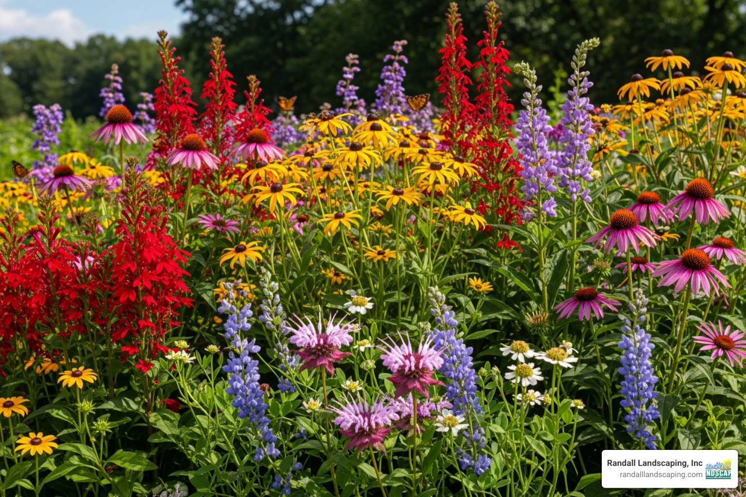 A vibrant flower bed with native plants in full bloom, showcasing a mix of colors and textures - landscape design lawrence ma A vibrant flower bed with native plants in full bloom, showcasing a mix of colors and textures - landscape design lawrence ma