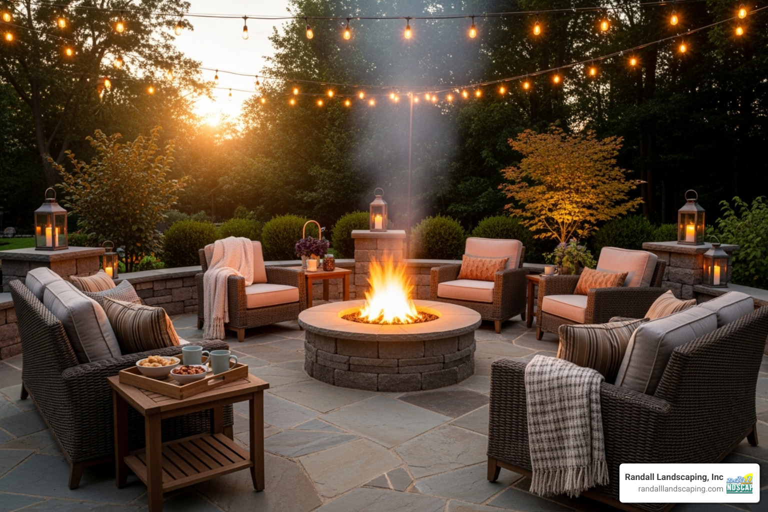 A beautifully designed custom stone patio with a built-in fire pit, surrounded by comfortable outdoor seating, perfect for evening gatherings - landscape design lawrence ma A beautifully designed custom stone patio with a built-in fire pit, surrounded by comfortable outdoor seating, perfect for evening gatherings - landscape design lawrence ma