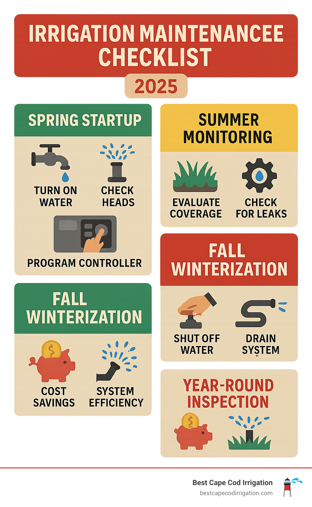 Comprehensive irrigation maintenance checklist showing spring startup tasks, summer monitoring requirements, fall winterization steps, and year-round inspection points with associated cost savings and system benefits - irrigation maintenance service infographic Comprehensive irrigation maintenance checklist showing spring startup tasks, summer monitoring requirements, fall winterization steps, and year-round inspection points with associated cost savings and system benefits - irrigation maintenance service infographic