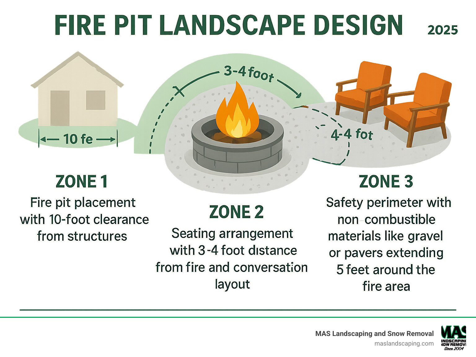 Detailed infographic showing the three key zones of fire pit landscape design: Zone 1 - Fire pit placement with 10-foot clearance from structures, Zone 2 - Seating arrangement with 3-4 foot distance from fire and conversation layout, Zone 3 - Safety perimeter with non-combustible materials like gravel or pavers extending 5 feet around the fire area - Firepit landscape design infographic Detailed infographic showing the three key zones of fire pit landscape design: Zone 1 - Fire pit placement with 10-foot clearance from structures, Zone 2 - Seating arrangement with 3-4 foot distance from fire and conversation layout, Zone 3 - Safety perimeter with non-combustible materials like gravel or pavers extending 5 feet around the fire area - Firepit landscape design infographic