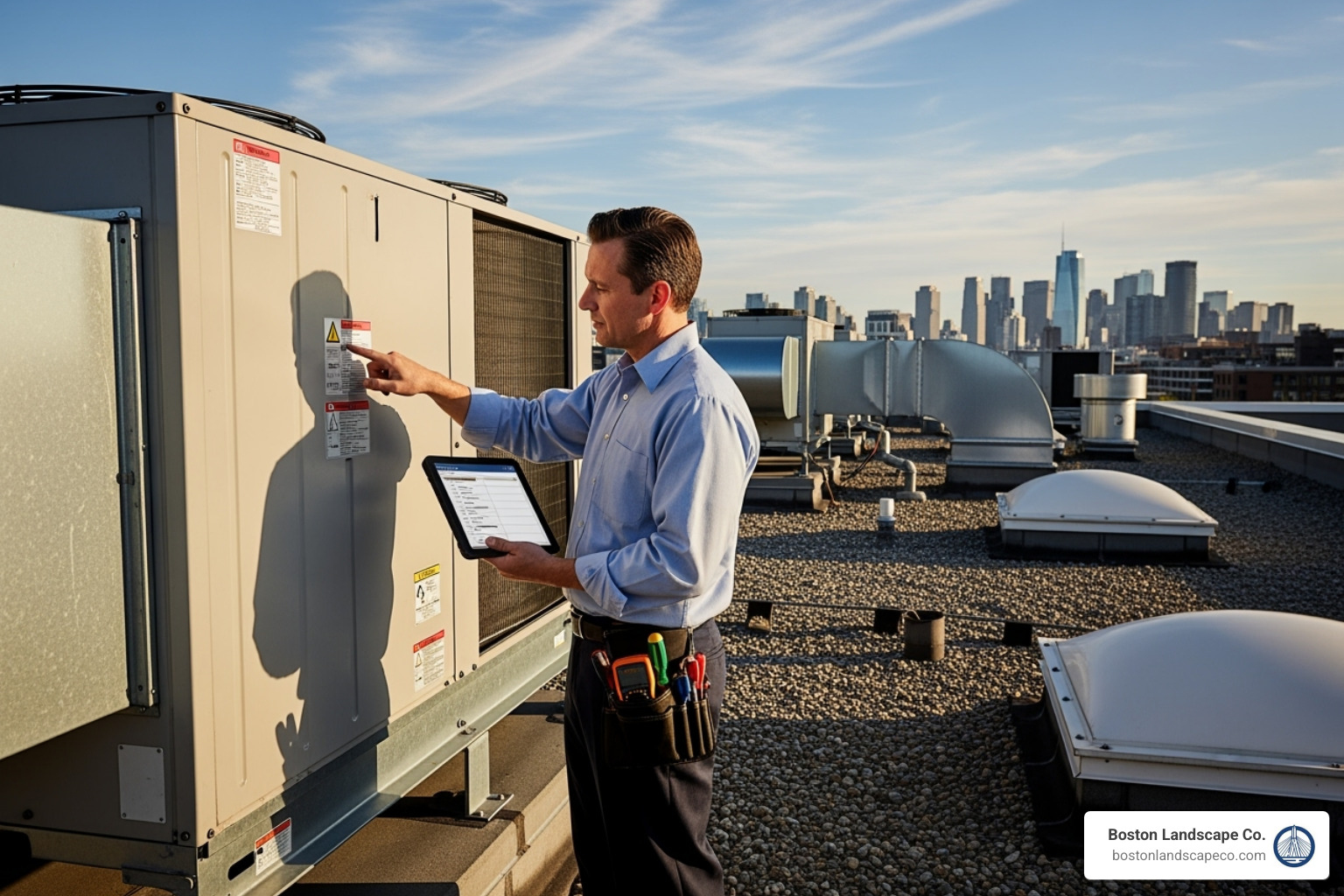 Inspector checking HVAC unit on commercial roof - commercial property maintenance inspection checklist