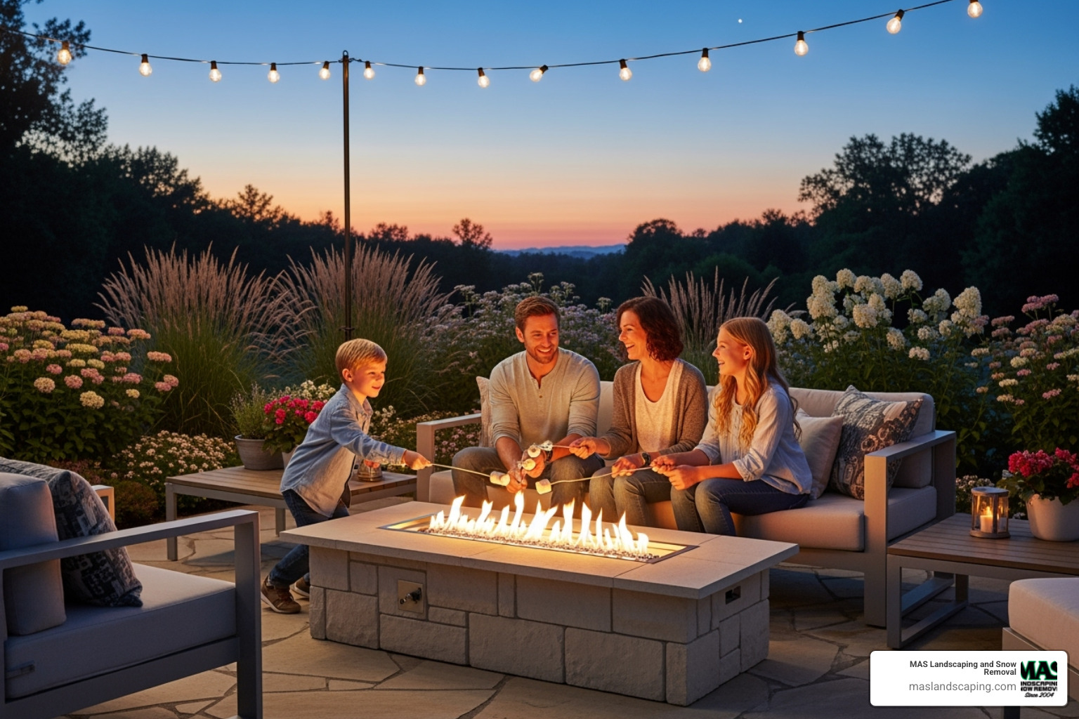 A family enjoying a smoke-free natural gas fire pit on their patio - Natural gas firepit