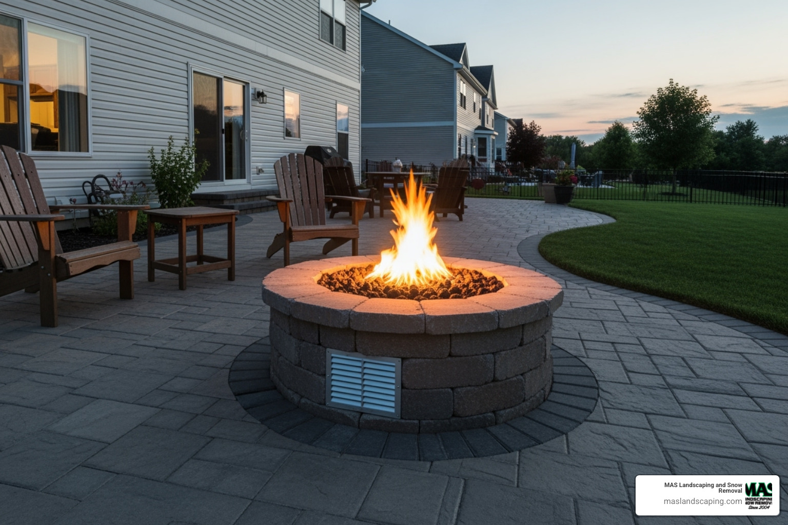 A properly installed natural gas fire pit showing required ventilation and safe clearance from a home's siding - Natural gas firepit